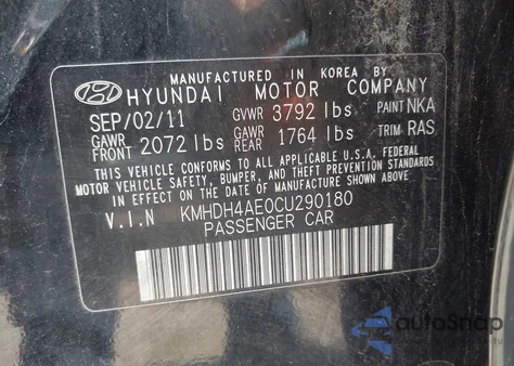 2012 Hyundai Elantra Gls (Ulsan Plant) from USA, damaged, VIN KMHDH4AE0CU290180